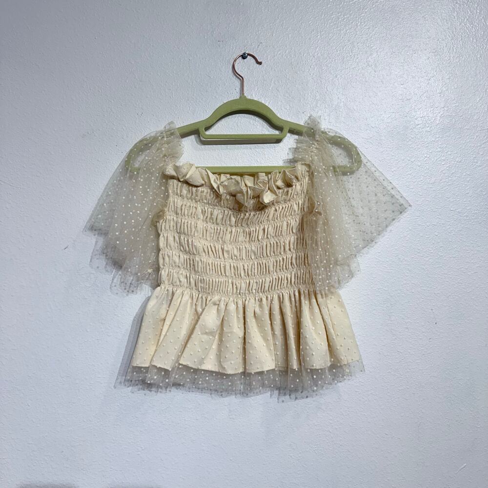 Shein Cream Off Shoulder Lace Mesh Peplum Blouse Sz 6 - Picture 8 of 9